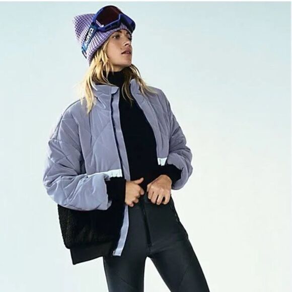 NWT Free people Movement Purple Black quilted sherpa jacket size L retail $298 - Picture 1 of 10